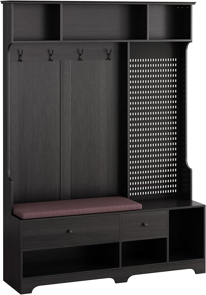 All-in-One Design Hall Tree with Removable Linen Cushioned, Entryway Bench, Coat Rack, Storage Shelves, DIY Pegboard, 4 Hooks, Multi-Purpose Hall Tree for Hallways Living Room