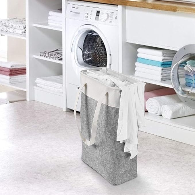 i BKGOO Laundry Basket with Handles Beige&Grey-Slim Laundry Bin Collapsible Dirty Clothes Basket Narrow Laundry Bag Foldable Dirty Hamper for Camping, Dorms, Apartments