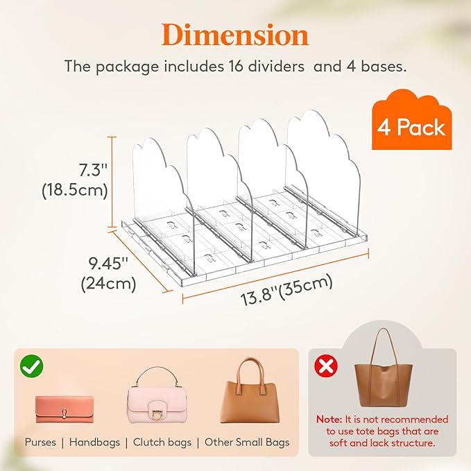Lifewit Purse Organizer for Closet, Clear Handbags Storage Organizer, Adjustable Clutch Purse Storage Organizer Holder for Closet, 4 Pack Bookshelf Dividers for Sweater in Bedroom 35 x 24 cm/14 x 9.5"