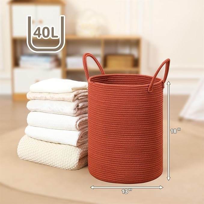 40L Woven Laundry Basket Hamper, 100% Natural Cotton Rope, Handwoven & Durable, Storage for Blankets, Toys, Clothes, Decorative Nursery Hamper for Living Room, Baby Room, Bedroom (Terracotta)