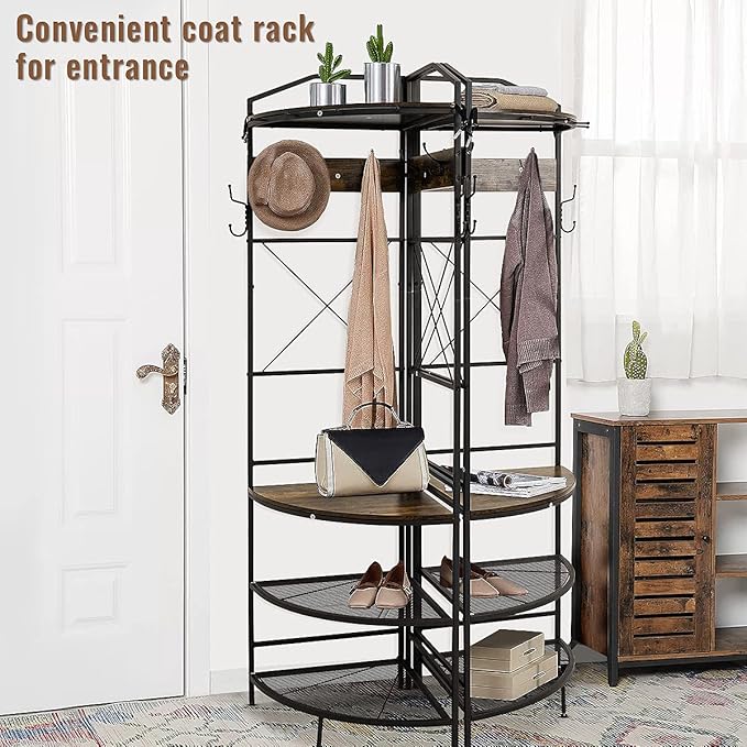 Recaceik Corner Coat Rack, Multifunctional Entryway Corner Shoe Rack with 8 Metal Double Hooks and Storage Shelf, Freestanding Corner Hall Tree Stand Storage for Living Room, Office, Rustic Brown