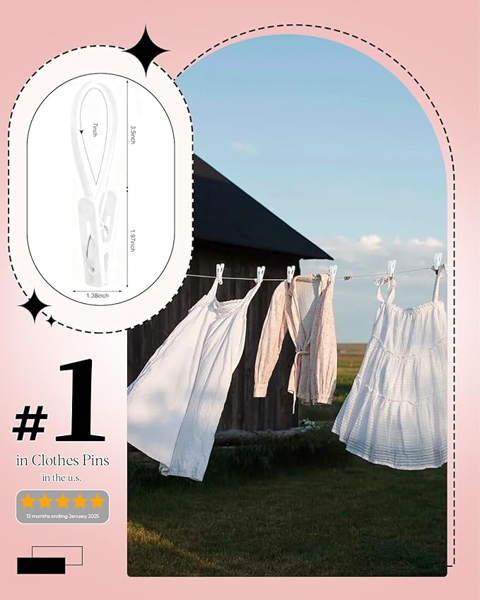 100 Pack Multi Purpose Laundry Hanging Clips with Rope, Strong Grip Hanging Clips for Baby Hangers, Pants, Socks, Towels & Closet Organization, Multi-Purpose Laundry Drying Hooks (White)