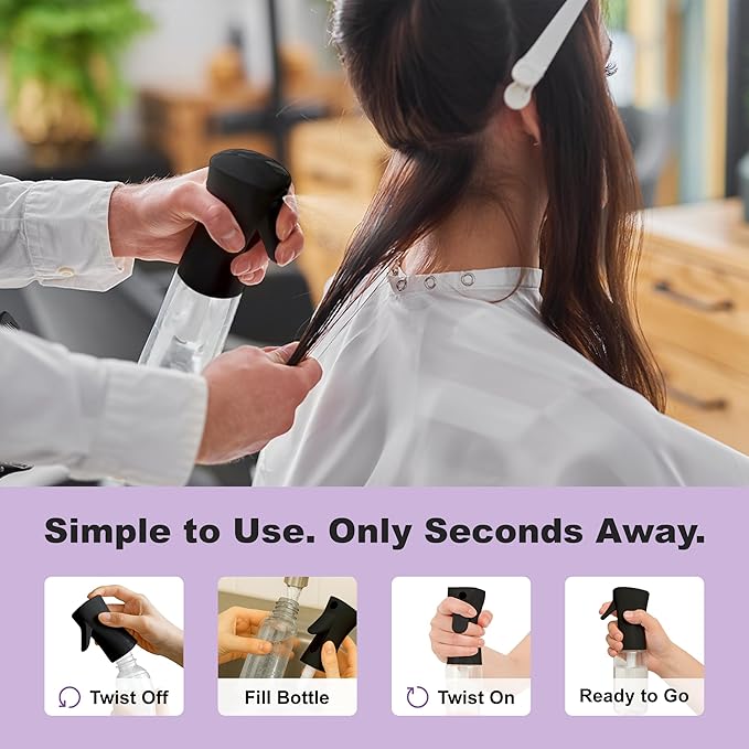 2 Pack Spray Bottles for Hair - Continuous Water Mister Spray Bottles with Ultra Fine Mist Spray for Hairstyling, Barbers, Salons, Skin Care, Cleaning, Plants, Pets (Ebony, 10.1 oz)
