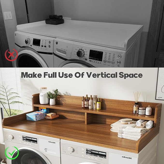 2-Tier Washer and Dryer Countertop with 2.75" H Guard,58" W x 28" D Laundry Countertop Cover with Non-Slip Pad,Large Space Laundry Topper for Folding Clothes Over Washer and Dryer-Brown