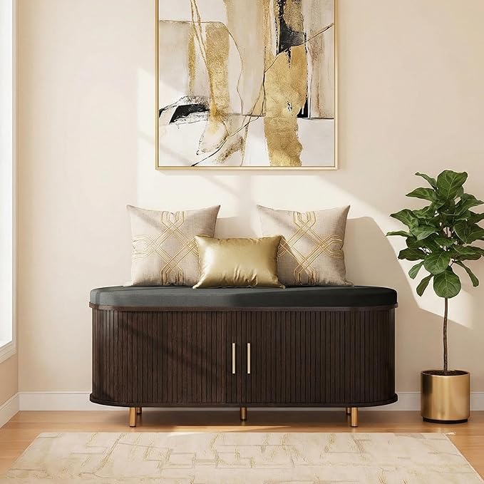 Entryway Bench with Storage: 43.31" Wooden Bedroom Shoe Bench with Thickened Padded Seat Cushion, Mid Century Modern Fluted Sliding Door and Adjustable Shelf, for Entryway, Living Room