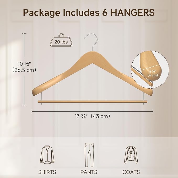 StorageWorks 6 Pack Wooden Hangers, Extra Wide Shoulder Wood Hangers with Locking Bar for Suit, Shirt, Coat, Pants, Natural Color