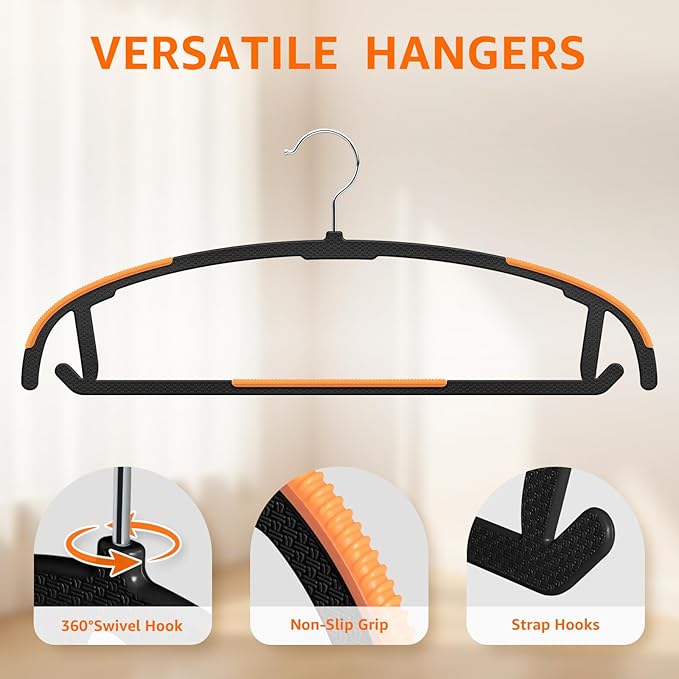 Yolife Plastic Clothes Hangers 10 Pack with Non-Slip Pads, 17.5" L × 8.3" H Heavy Duty Hanger with 360° Swivel Metal Hook, Slim Space Saving Hangers for Closet Organizer, Black & Orange