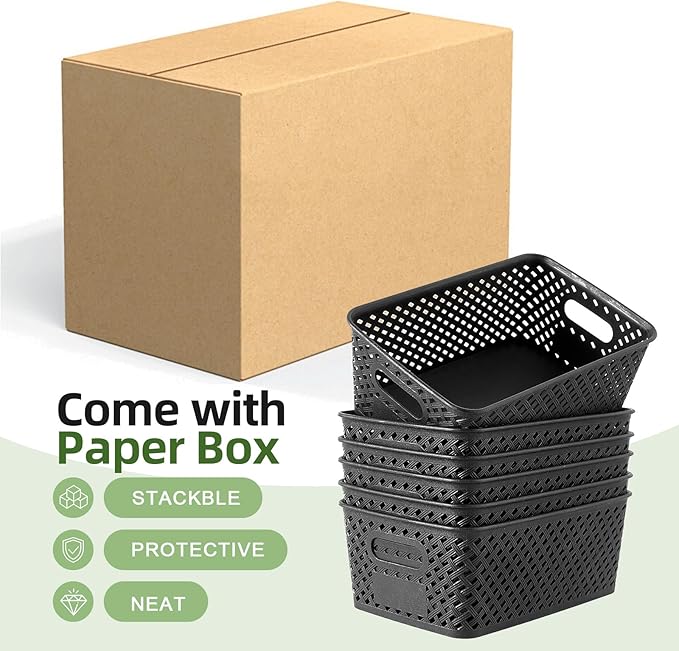 Small Plastic Twill Woven Storage Baskets, Stackable Organizing Containers with Labels for Pantry Office, 6-Pack, Black