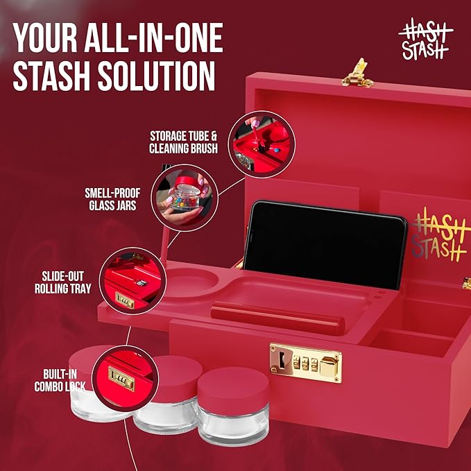 The OG Storage Box - Large Bamboo Box with Combination Lock, Magnetic Lid, Organizer Tray, Airtight Tube, Brush and 3 Glass Jars - Low Profile Decorative Storage Lock Box with Accessories (Red/Gold)