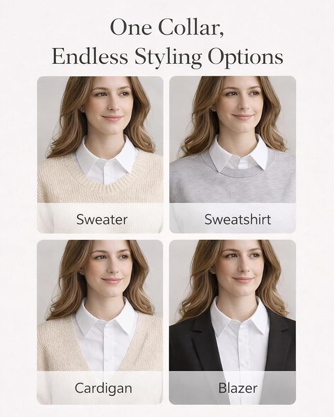 4 Pack Detachable Dickey Collar Blouse for Women, Fake White Collar Shirt, Faux Shirt Collared Bib for Under Sweater