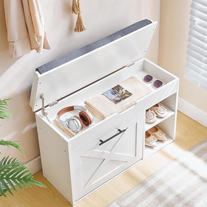 HOOBRO Shoe Storage Bench with Flip Drawer, 31.5" L Entryway Bench with Flip-Open Storage Box, Wooden Shoe Organizer with Padded Seat Cushion, Adjustable Shelf, for Hallway, WG55HX01