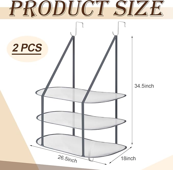 2 Pcs 3 Tier Sweater Drying Rack Flat Over The Door Folding Drying Rack Large Lay Laundry Hanging Dryer Mesh Clothes Dry Hanger for Apartments Dorms Bathrooms (Gray,26.5 x 18 x 34.5 Inch)