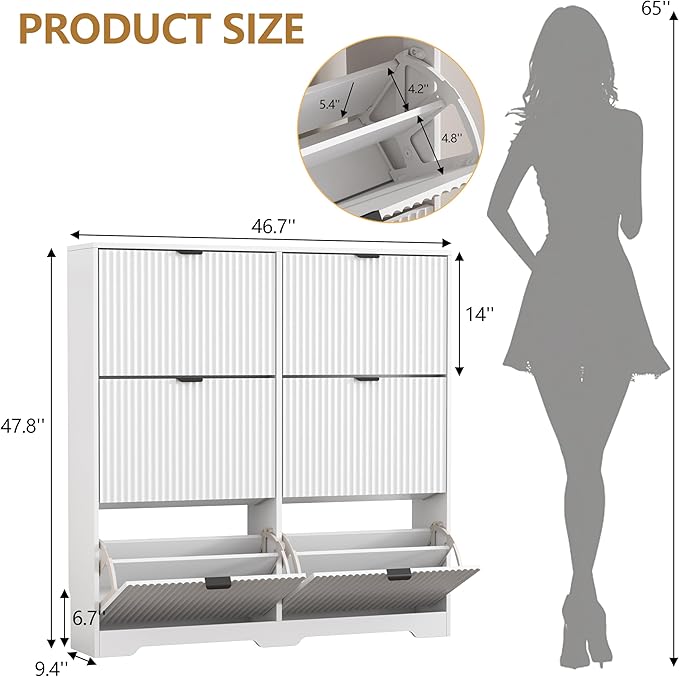 Shoe Cabinet Storage for Entryway with 6 Flip Drawers, White Fluted Shoe Cabinet with Adjustable Shelves, Wooden Hidden Shoe Rack Freestanding Narrow Slim Shoes Storage for Hallway, Entrance