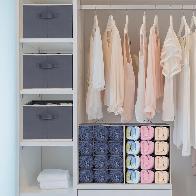 6 Pcs 12 Cell Large Size Pants Organizers for Clothes, Jeans, Sweater, T-shirt, Dress Stackable for Wardrobe Closet Drawer Organizer Storage Bin Container, Dark Grey