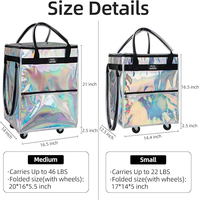 Reusable Grocery Bag on Wheels, Rolling Shopping Bags with Wheels and Handle, Folding Rolling Tote Trolley, Zipper Cover, Carries Up to 22 LBS, Easy Transportation (Small, Phantom White)
