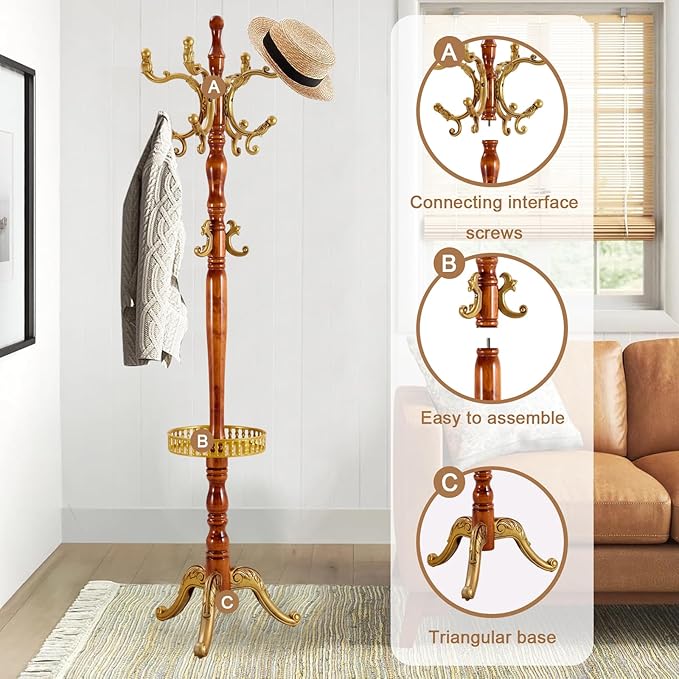 Solid Wood Coat Rack, Free Standing Hall Coat Tree with 14 Hooks, 3 Height Options, 300lbs Load, Stury Base, Clothes Rack for Entryway, Hallway, Bedroom (Tri-legged Base - H12 Begonia)