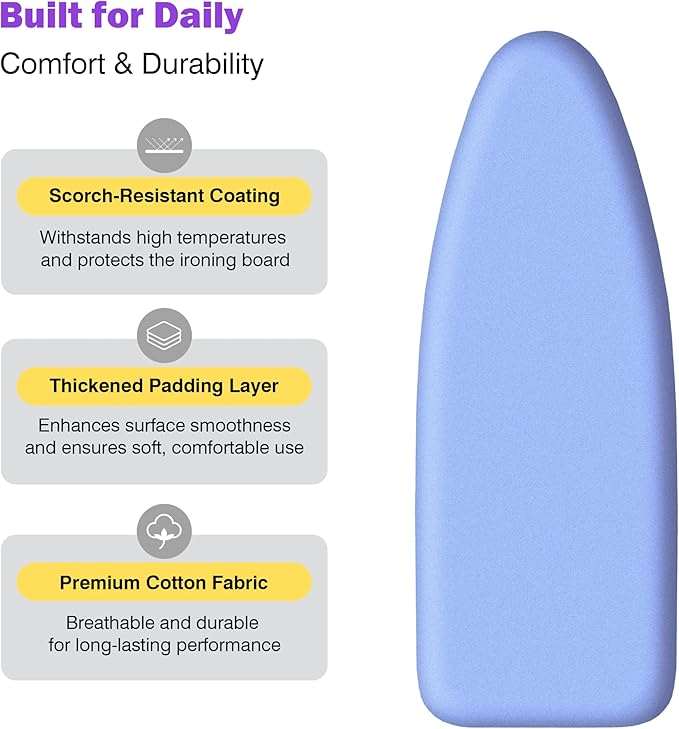 Ironing Board Cover and Pad 18x49 Large, Extra Thick Natural Cotton, Silicone Coated, Scorch Resistant, Elastic Edge with Hook Loop Strap, Wide Iron Board Padding, Heatproof Blue