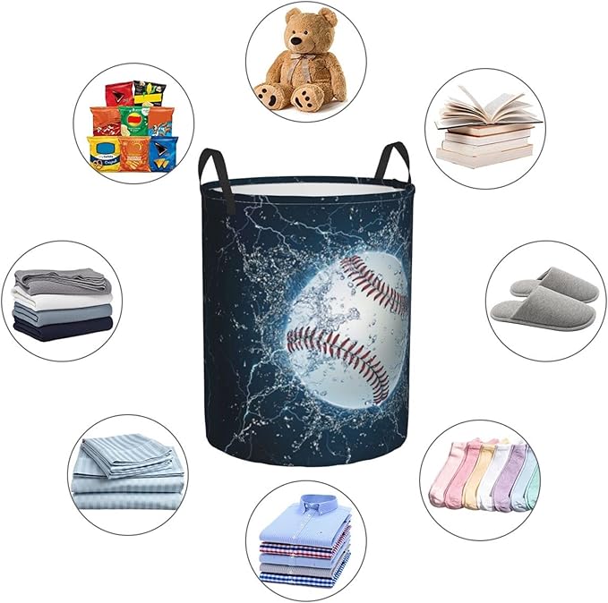 Dujiea Baseball Laundry Basket Round with Handle, Collapsible Foldable Canvas Storage Bin Dirty Clothes Bag for Laundry/Toys Organizer/College Dorm/Nursery/Decor(2 Sizes)