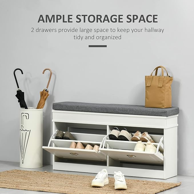 HOMCOM Modern Shoe Rack Bench for Entryway, Storage Organizer with Cushion, 2 Drawers, Adjustable Shelf, Holds 8 Pairs, White