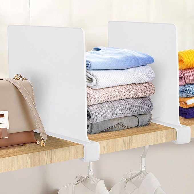 JOY DECOR 2 Pack Acrylic White Shelf Dividers for Closets Organizer and Storage Adjustable Vertical Wood Shelf Closet Separators for Clothes,Book,Bags in Bedroom and Kitchen