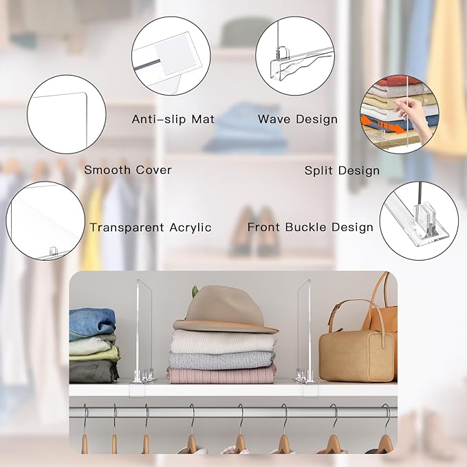 Fixwal 8 PCS Detachable Acrylic Shelf Dividers for Closet Organization Clear Shelf Divider for Closet Organizers and Vertical Purse Organizer for Closet, Bedroom, Kitchen, Office, Cabinets, Bathroom