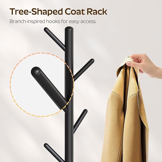 Coat Rack Freestanding, Coat Rack Stand with Umbrella Holder, Heavy Duty Coat Tree for Entryway, Modern Clothing Rack for Hats, Bags, Metal Coat Hanger Stand for Bedroom, Office, Black YM03BB