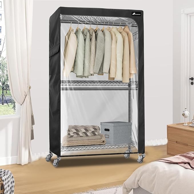 Storage Shelf Covers for Wire Shelving,600D Heavy Duty Outdoor Waterproof Shelf Cover,Storage Rack Cover for Wire Shelf with zipper,36''W x 16''D x 72''H,Black with Clear Front