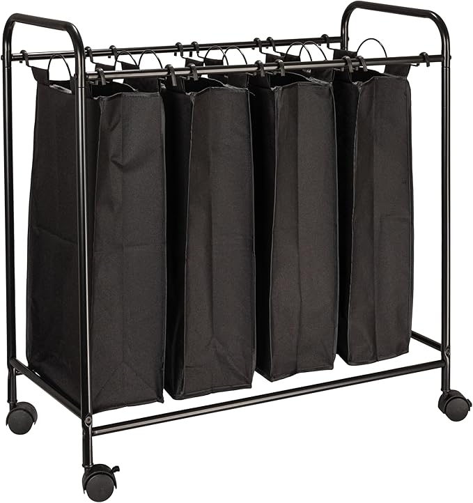 Household Essentials Rolling Laundry Sorter, 4 Bag Laundry Sorter Cart with Washable and Removable Bags, Black