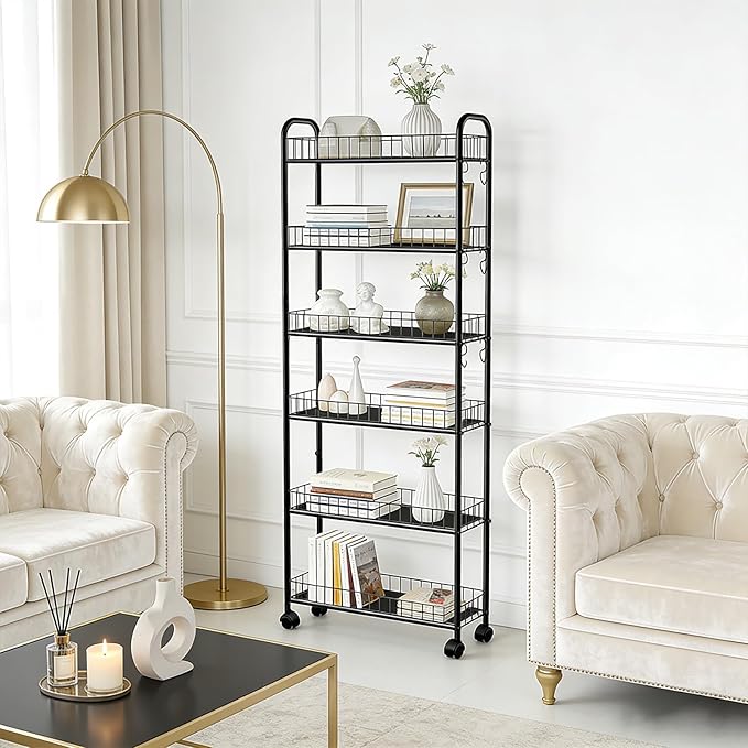 Slim Storage Cart with Wheels, 6-Tier 6in Black Narrow Rolling Shelf,Sturdy Slim Storage Ideal for Kitchen, Bathroom, and Laundry Room