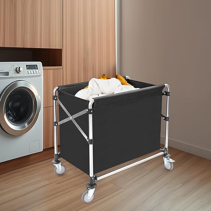 Commercial Laundry Cart with Wheels, 440lbs Heavy Duty Folding Laundry Cart, Rolling Laundry Basket with Oxford Cloth Hamper, 34.25 * 20.47 * 30.7in for Home, Dorm, Hotel, and Commercial Use (Black)