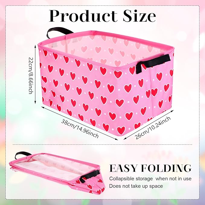 Vesici 6 Pack Valentine's Day Baskets for Gifts Empty Pink Heart Storage Bins Foldable Cute Storage Basket Rectangular Canvas Organizer Boxes with Handle for Books Clothes Home