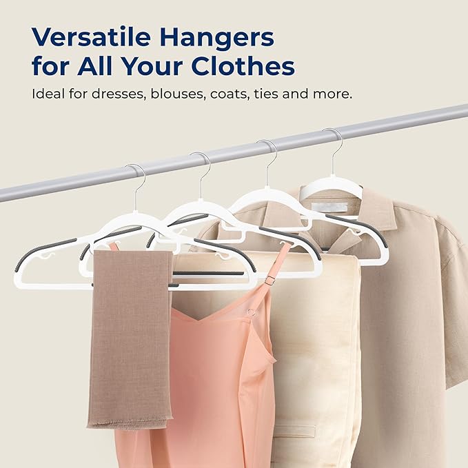 SereneLife Plastic Clothes Hangers, 50-Pack Hanger Set with Non-Slip Rubber Pads and 360° Swivel Metal Hook, Durable White Hangers for Shirts, Pants, Dresses, Space-Saving Closet Organizer
