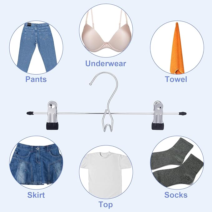 24PCS Skirt Pants Hangers with Clips Space Saving Stackable Hanging Closet Organizer Heavy Duty Adjustable Clothes Storage College Dorm Room Supplies Decor for Shorts Jean Towel Trouser Sock