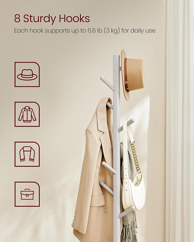 VASAGLE Solid Wood Coat Rack, Free Standing Tree-Shaped Coat Rack with 8 Hooks, 3 Height Options, for Clothes, Hats, Bags, Living Room, Bedroom, Home Office, Cappuccino Beige URCR004K01