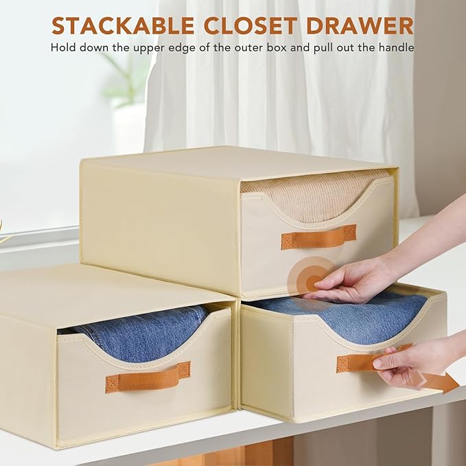 4 Pcs 16.5" Closet Drawers and Large Size Clothes Storage Bins Push-Out Storage Stackable Shelf Drawers with See-Through Window Closet Organizers for Bedroom, Living Room, Under Bed, Beige