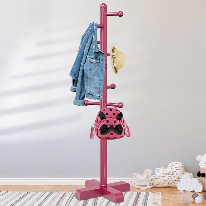 Coat Rack, Freestanding Coat Racks with 8 Hooks 2 Adjustable Height, Tree Coat Rack for Bedroom, Hallway, Entrance, Office, Hats, Handbags,Purse (Dark-Rose)