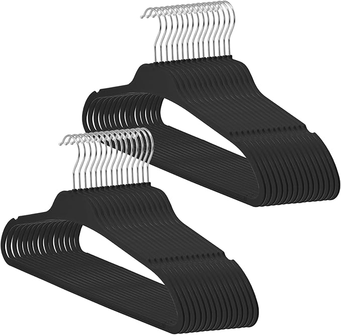 Non-Slip Rubber Coated Hangers, 30 Pack Plastic Clothes Hangers with 360° Swivel Hook 17.7 Inches Slim Space Saving Hangers for Adult Clothes Shirts Dresses Pants, Black
