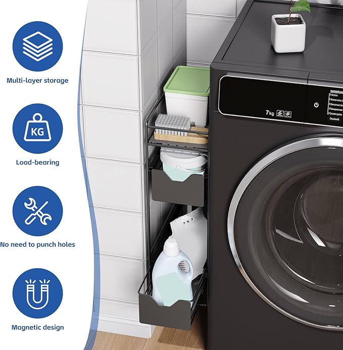 3 Tier Magnetic Shelves for Washing Machine with Pull Out Metal Drawer,Magnetic Spice Rack for Fridge,Magnetic Rack with no Installation, Versatile Storage Organizers for Home (Black, 3 Tier)