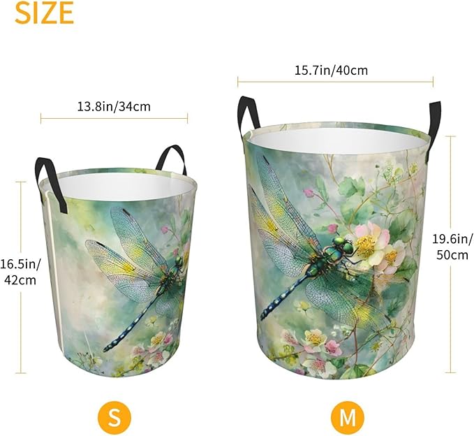 Dragonfly Floral Pattern Laundry Hamper, Collapsible Storage Basket with Handles for Clothes, Bedroom, Bathroom 19.6 x15.7 Inch