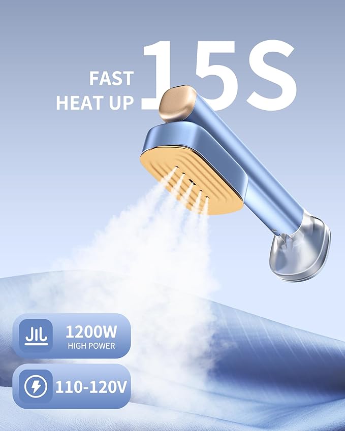 MIYOKO 2-in-1 Portable Steamer for Clothes, 1200W, 15s Fast Heat-Up, 280ml Two Water Tanks Travel Handheld Garment Steamer, Upgraded 4 Steam Iron Modes for All Fabrics, Only for 110-120V, Blue Gold