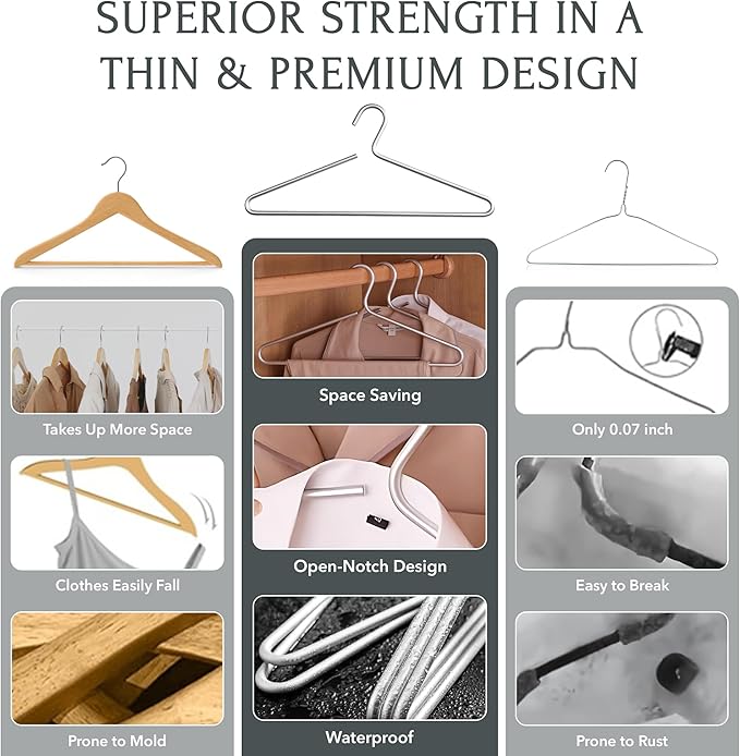 Silver Hangers for Clothes - 17-Inch Matte Silver Metal Hangers for Coats, Jackets, Shirts, Pants, Clothing - Thick, Heavy-Duty Aluminum - Luxury Aesthetic for Closets - 5-Pack