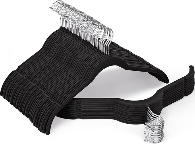 Black Velvet Hangers 100 Pack, Non-Slip Felt Hangers with Shoulder Notches, Slim Space Saving Clothes Hangers with 360°Swivel Hook for Shirts Heavy Coats Clothes Dresses Closet (Black)