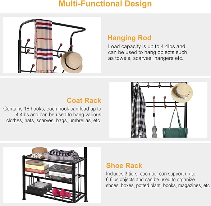Moclever Coat Rack Shoe Bench, Hall Tree with Storage Shelf for Entryway, Industrial Coat Shoe Racks with Organization, 3-in-1 Design, Easy Assembly