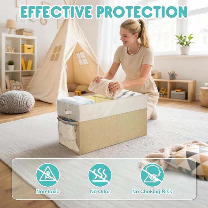 BALEINE Fabric Storage Bins with Lid, Collapsible Extra Large Storage Boxes Bins Baskets with Divider for Home Organizing (25"x13"x16", Grey&Beige)