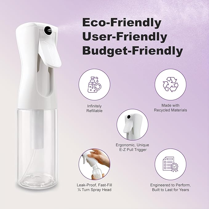 2 Pack Spray Bottles for Hair - Continuous Water Mister Spray Bottles with Ultra Fine Mist Spray for Hairstyling, Barbers, Salons, Skin Care, Cleaning, Plants, Pets (Ivory, 6.8 oz)