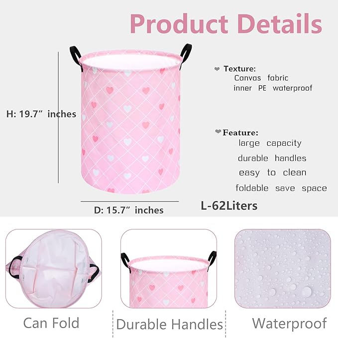 KUNRO Round Heart Valentine's Laundry Gift Basket Storage Hamper, Clothes Storage Organizer Bins, Shelf Basket with Handles for Room Decor
