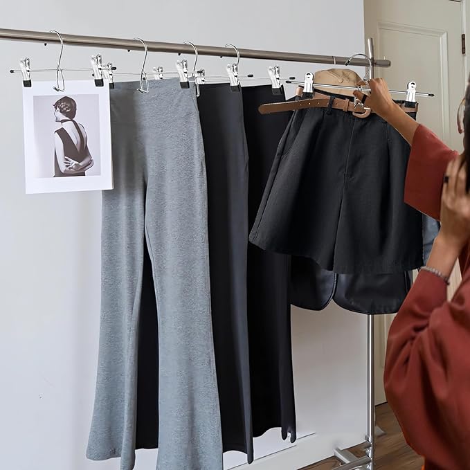 Pants Hangers with Clips, 10 Pack Stackable Skirts Hanger Space Saving, Hanging Closet Organizer and Storage for College Dorm Apartment