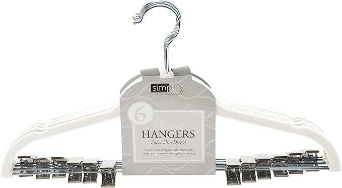 Simplify Velvet hangers - Plastic Hangers with Zink Hooks - Hangers for Pants, Shirts, Clothes - Ivory - Pack of 6 - 0.16" x 16.93" x 9.06"