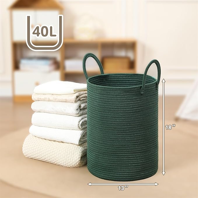40L Woven Laundry Basket Hamper, 100% Natural Cotton Rope, Handwoven & Durable, Storage for Blankets, Toys, Clothes, Decorative Nursery Hamper for Living Room, Baby Room, Bedroom (Dark Green)