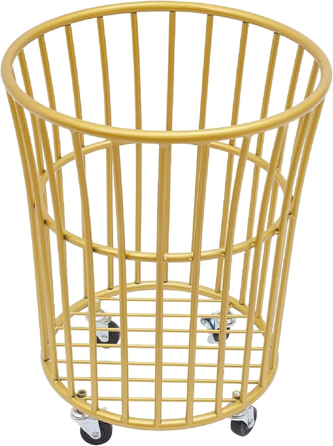 Rolling Laundry Basket Cart, Metal Laundry Hamper with Wheels, Laundry Organizer Basket Cart, Clothes Storage Organizer Hamper for Living Room,Bathroom,Closet (Gold, Round Barrel Shape)